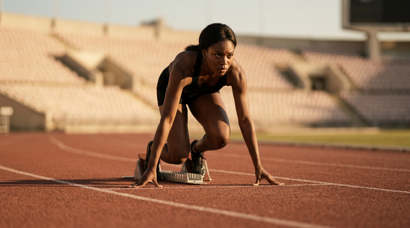 A sprinter driving out of the starting blocks on a track
